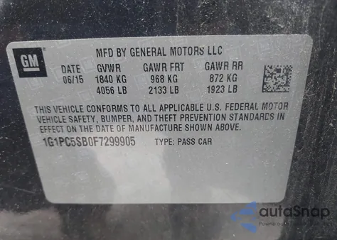 2015 Chevrolet Cruze 1Lt Auto из США, поврежденный, VIN 1G1PC5SB0F7299905